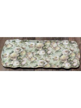 Formalities By Baum Bros Rectangular Floral Serving Tray With Gold Trim